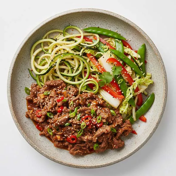 Chili-Garlic Beef with Snow Zucchini and Wong Bok Mélange